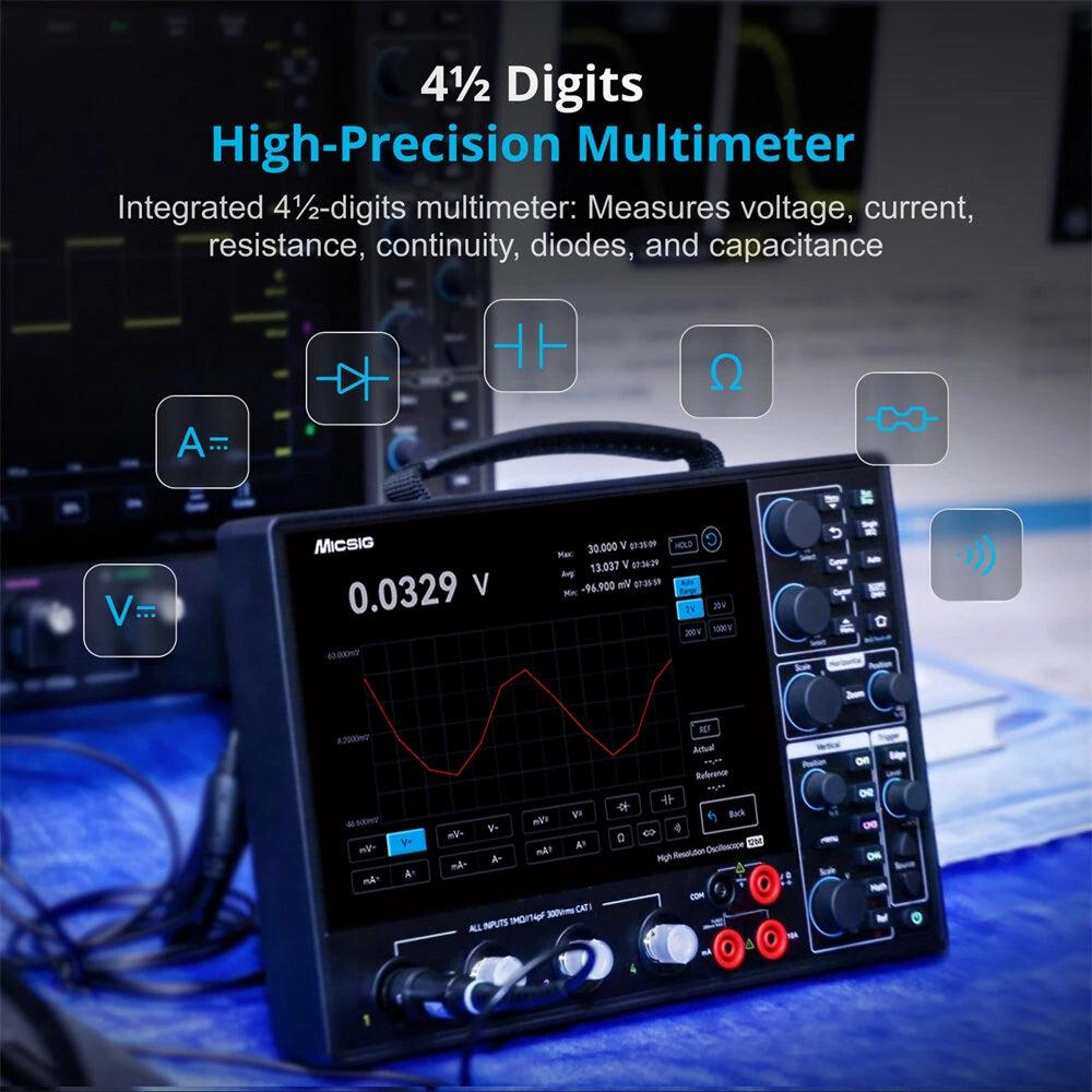 High Resolution Tablet Oscilloscope 12-bit 4 Channel 1GSa Sampling Rate Up to 200MHz Bandwidth Portable Touchscreen