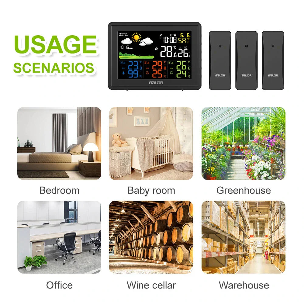 Weather Station Alarm Clock Wireless Indoor Outdoor Thermometer with Atomic Clock Forecast Station 3 Outdoor Sensors