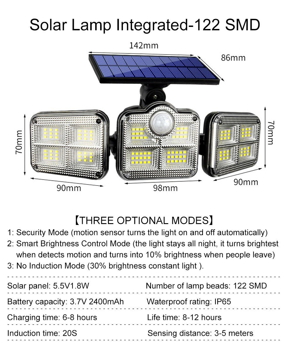 Solar Lights Outdoor 171COB 108/122/138LEDs Motion Sensor Light 3 Head Remote Control Wall Light 270 Wide Angle Flood Light for Garden