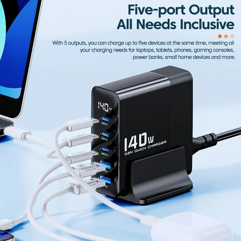 140W 5-Port Desktop Charging Station, Black, Fast Charging, PD3.1 & QC4.0, Compact Size 85x79x60mm