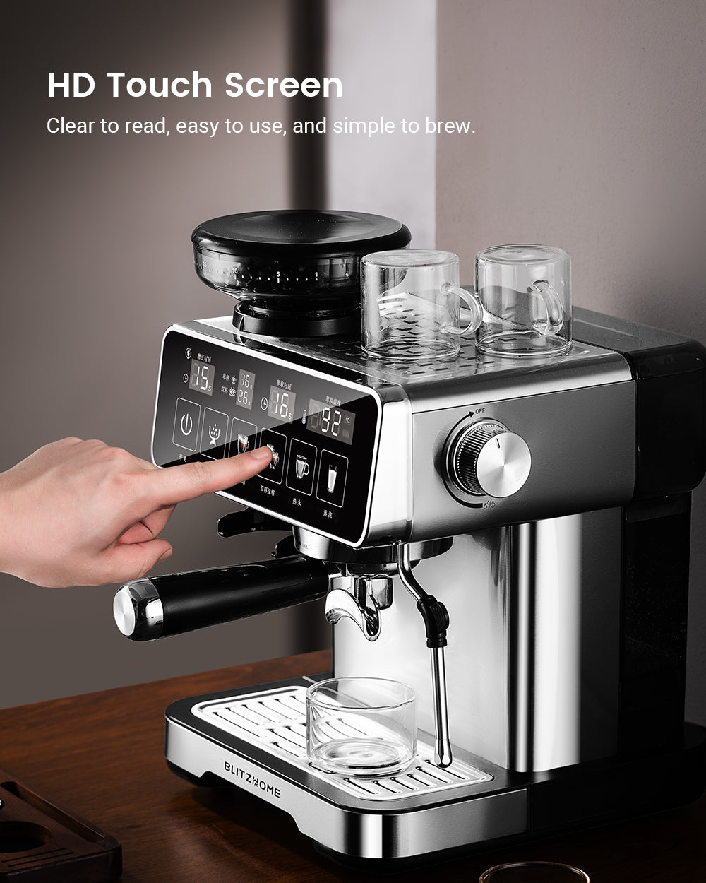 Espresso Coffee Machine 20Bar 1150W with Built-in Conical Burr Grinder PID & NTC 51mm Portafilter Manual Steam Wand