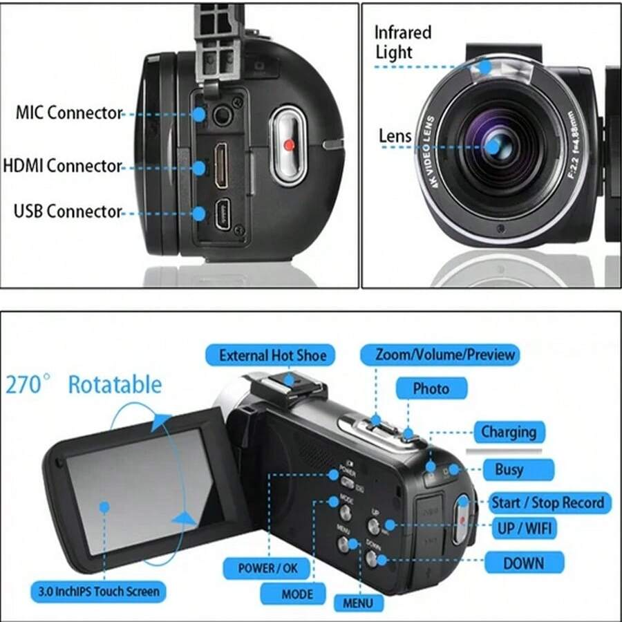 4K Ultra HD Camcorder with 48MP, 18x Zoom, Night Vision, Remote Control, and HDMI Output - Perfect for Videos & Photos