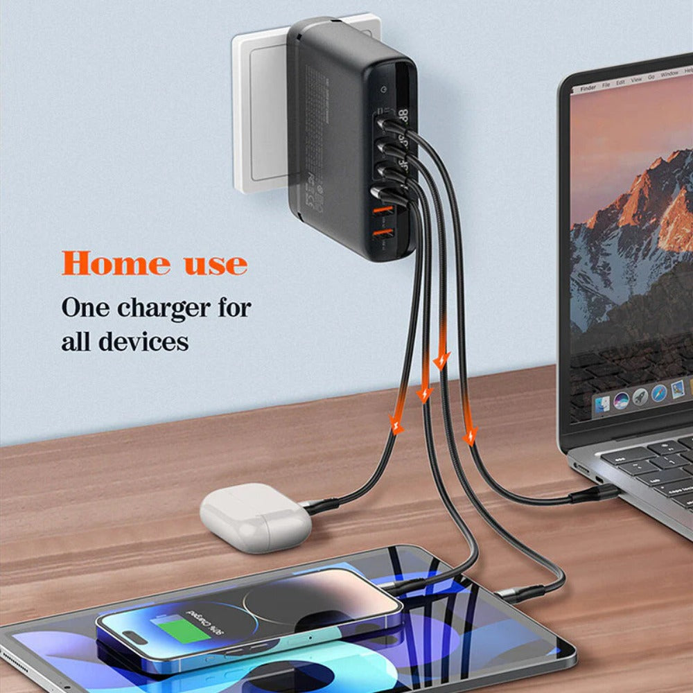 140W 6-Port USB PD Charger - 3 USB-C & 3 USB-A Ports, Fast Charging, Compact Design, Black, Travel Friendly