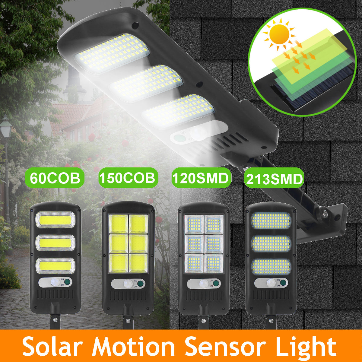 60COB/150COB/120SMD/213SMD Solar Street Wall Light PIR Motion Sensor Dimmable Lamp Outdoor Security