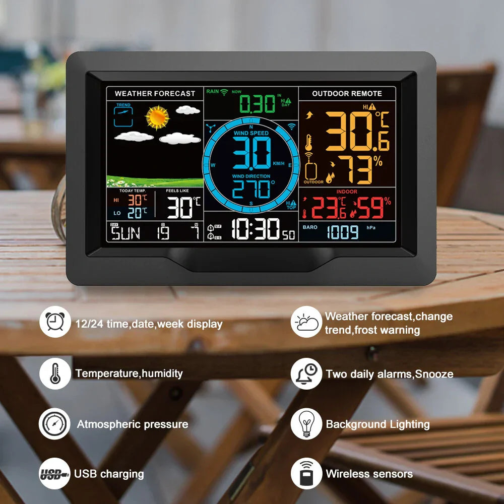 Wireless Weather Station Clock - Indoor/Outdoor Thermometer & Hygrometer with Forecast, Wind/Rain/Moon, Air Pressure Sensor