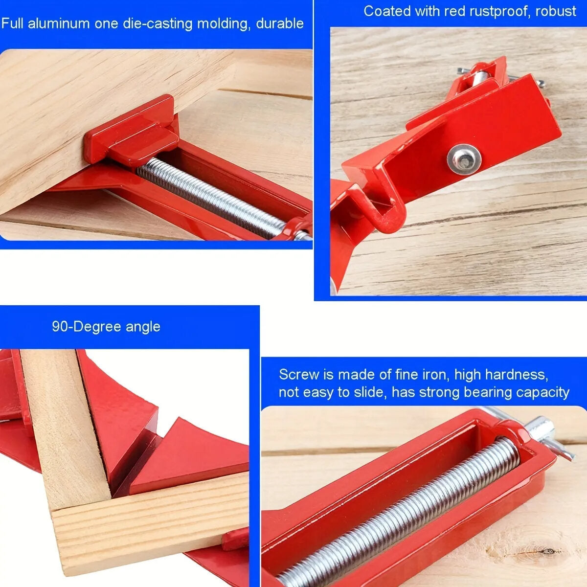 Reinforced 90-Degree Right Angle Clamp Set - 4 Red Aluminum Clamps for Woodworking, Glass, and DIY Projects