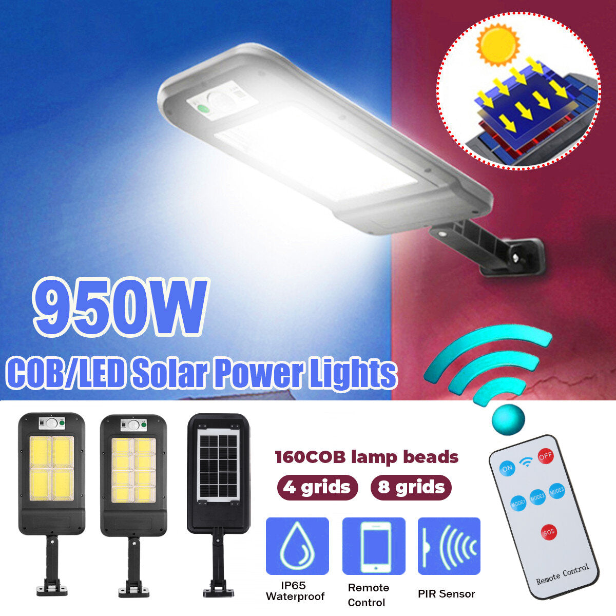 160COB Light Rechargeable Solar Power Street Light Solar Panel Lamp