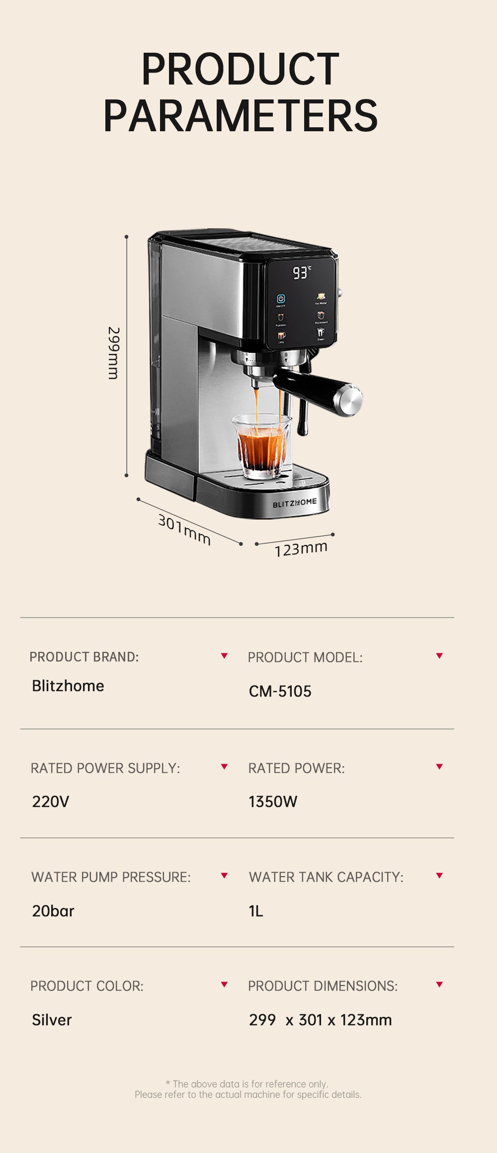 Semi-Automatic Espresso Coffee Machine 20Bar 1350W with Touchscreen Control Cup Warmer 1L Removable Water Tank