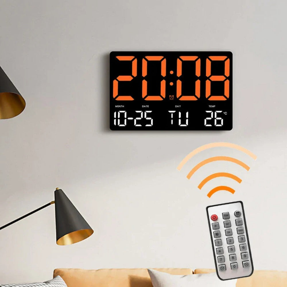 Large Digital Wall Clock with LED Display, Adjustable Brightness, Indoor Temperature, Date, Week, 12/24H for Home, Office, Classroom