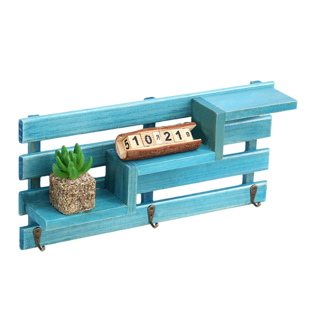 Wooden Wall Mounted 3 Hanger Hooks Floating Shelf Vintage Shabby Rack