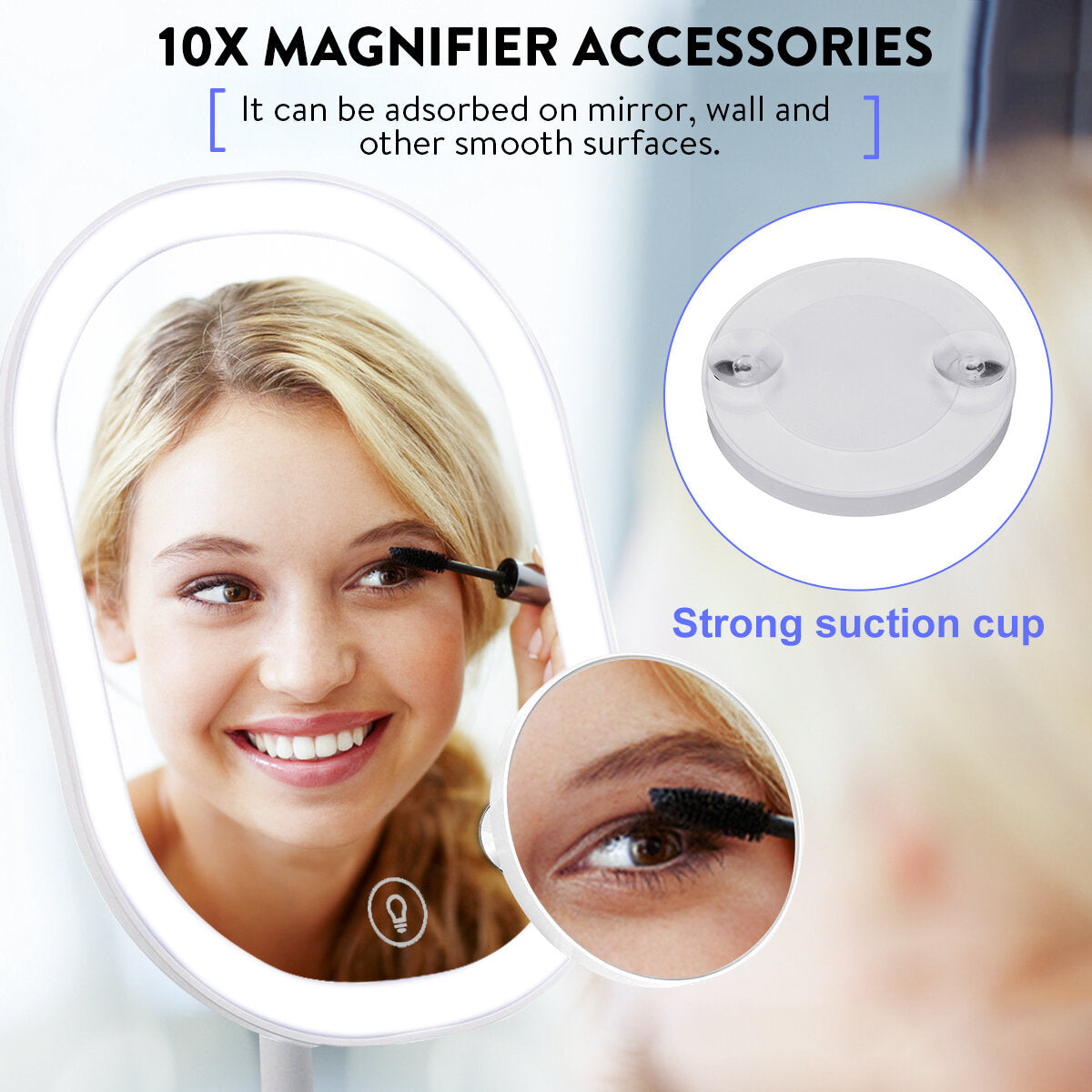 Professional Makeup Mirror with LED Light USB Charging 180Rotation 3 Light Mode 10X Magnification Touch Button Detachable Base