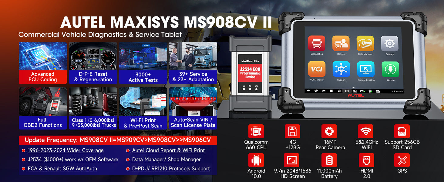 Diagnostic Tool Advanced ECU Coding J2534 ECU Programming Commercial Vehicle Diagnostics 3000+ Active Tests QCOM CPU Android 10 WiFi