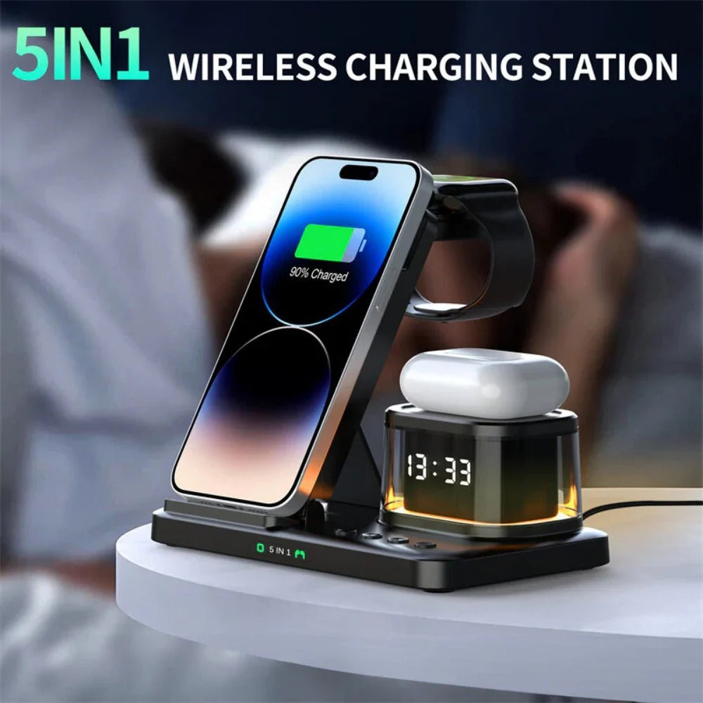 15W Fast Wireless Charger Stand with Type-C, Compatible with Phones, Watches, Earphones - Black/White, Durable Design