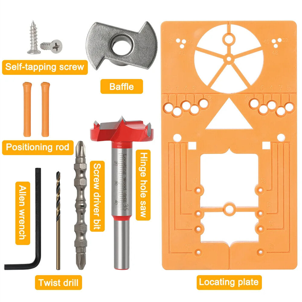 7-Piece 35mm Hinge Hole Guide Set - Durable YG8 Alloy & Carbon Steel for Woodworking, Door & Cabinet Construction