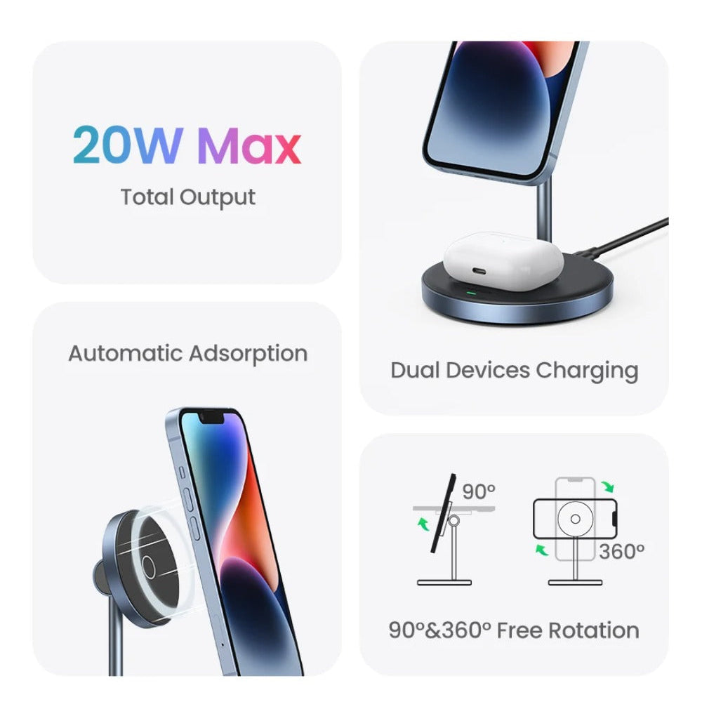 2-in-1 Magnetic Wireless Charger with USB-C Cable for iPhone 15/14/13/12 & Bluetooth Earphones, 20W Max Output