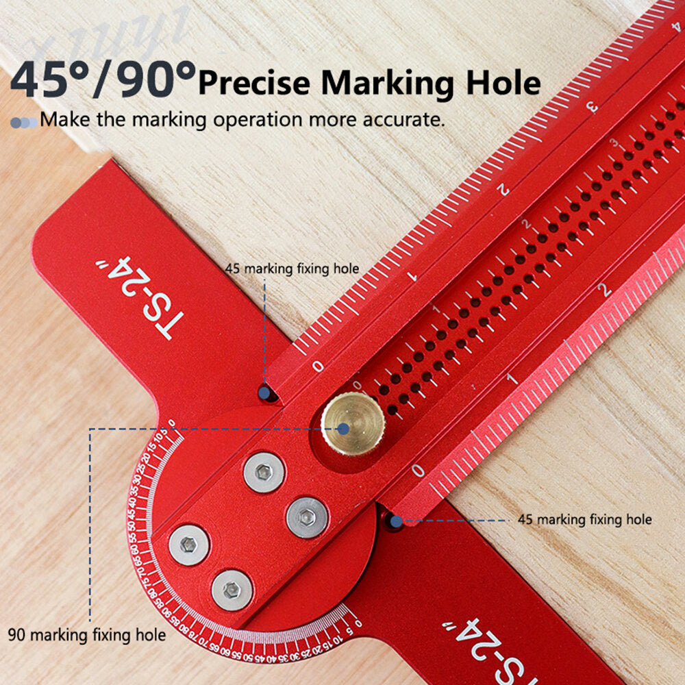 24" Aluminum Alloy Woodworking Ruler - 0-90° Angle Marking, Anodized Finish, Precise Measurement Tool