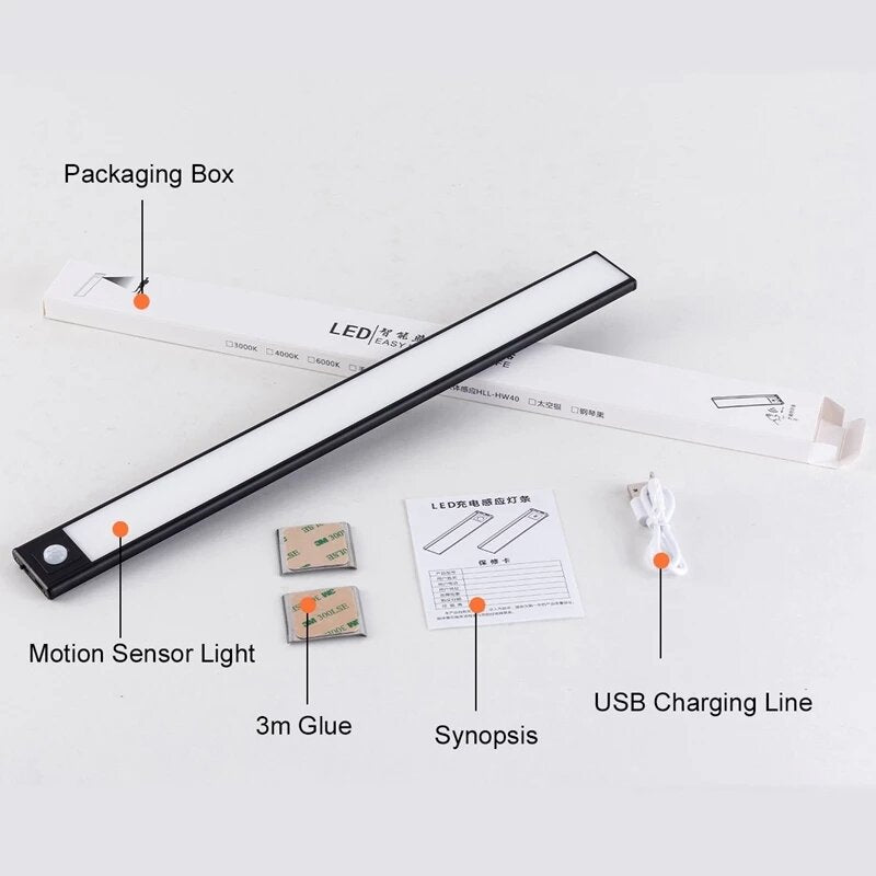 20/40/60CM Body Sensing Small Night Light USB Charging Lamp LED Portable Strip Light for Bedroom Wardrobe Bookcase Stairs