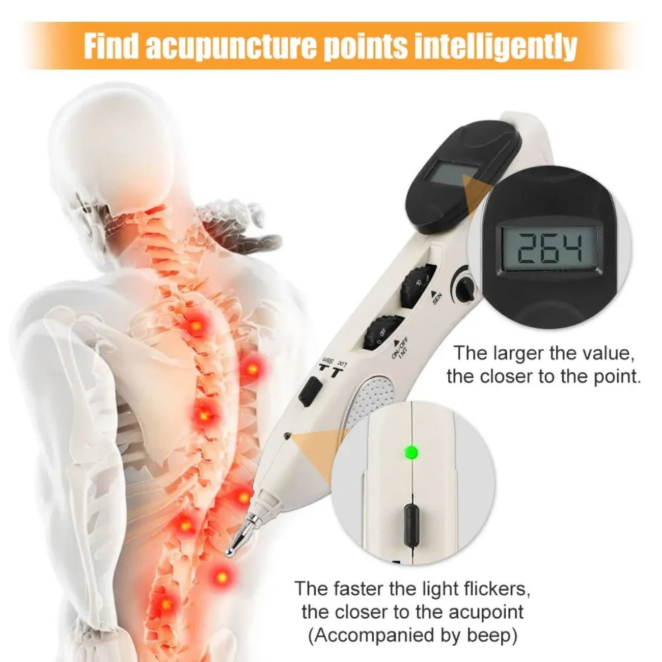 Electric Acupuncture Pen with LCD, 10 Intensity Levels, Rechargeable, for Pain Relief & Self-Treatment