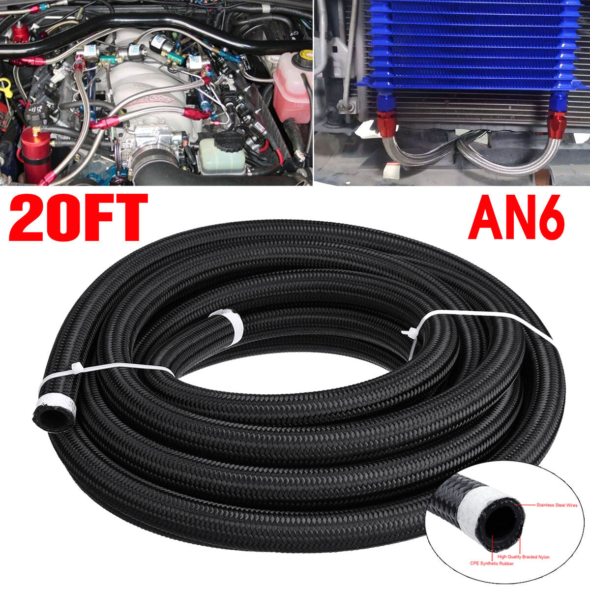 20FT AN4 AN6 AN8 AN10 Fuel Hose Oil Gas Line Pipe PTFE Nylon Stainless Steel Hose