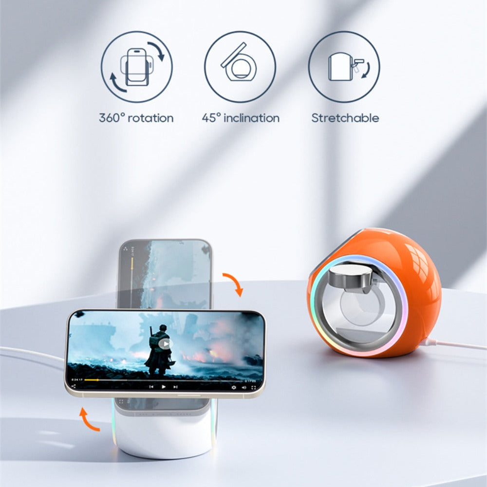 3-in-1 Wireless Charger for Phone, AirPods & Apple Watch - Capsule with 360° Rotation & Colorful Lighting, Safe Charging