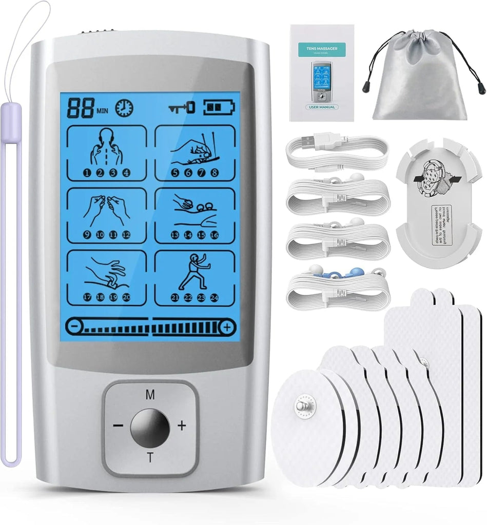 TENS & EMS Pain Relief Machine with Electrode Pads, USB Cable, and Accessories for Muscle Recovery and Conditioning