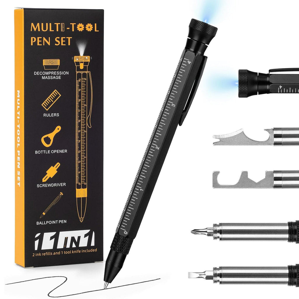 12-in-1 Multifunctional Pen with LED Light, Massager, Rulers, Screwdrivers & More - Durable, Portable Gift Set