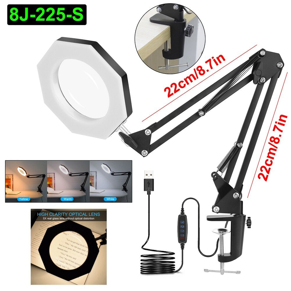 USB 5X Folding Magnifier Table Clamp Soldering Third Hand Tool 3 Colors LED Illuminated Lamp Magnifying Glass