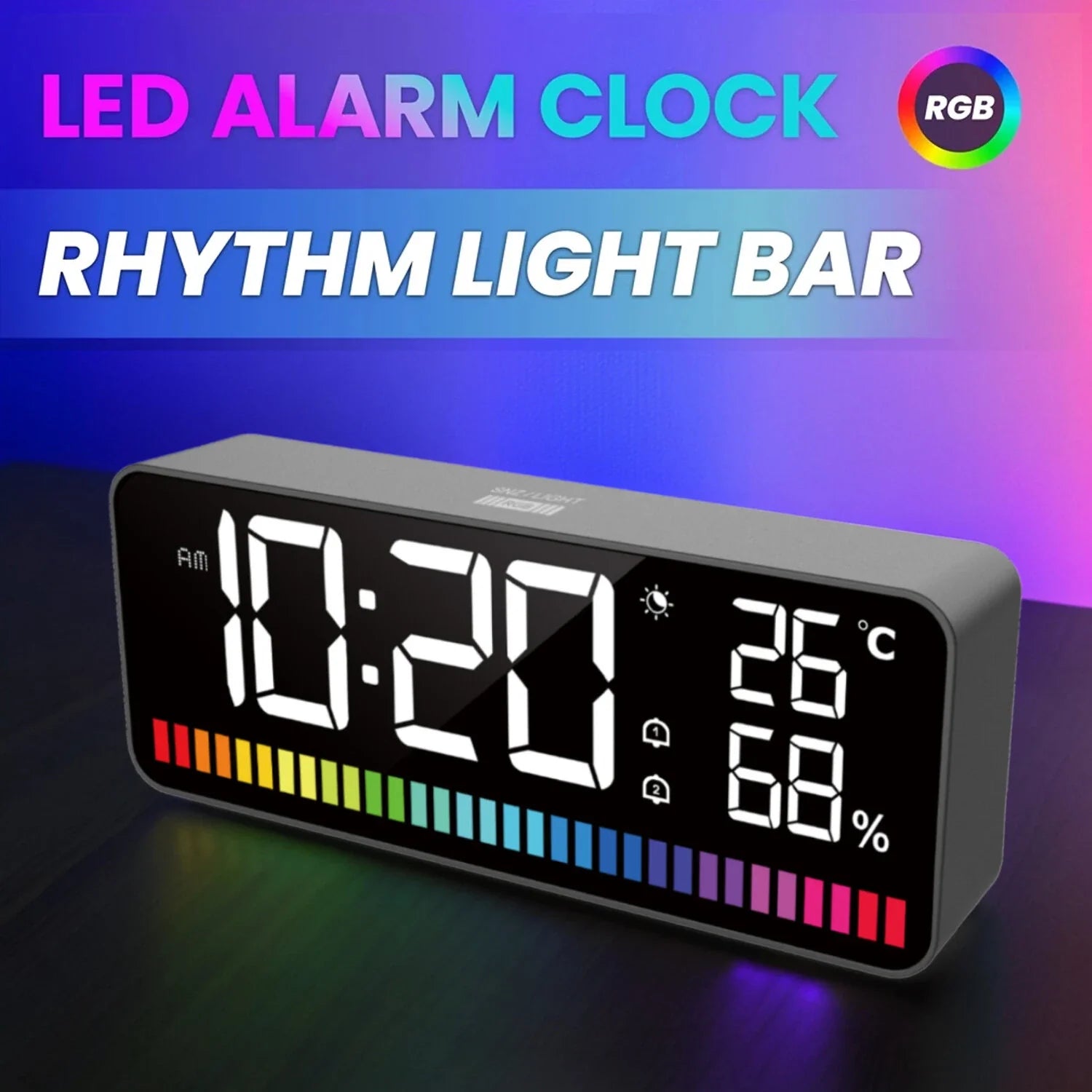 Multifunctional LED Rhythm Light Bar with Dual Alarm Clock, 15 RGB Colors, Sound Control, Night Light, Digital Thermometer, Hygrometer