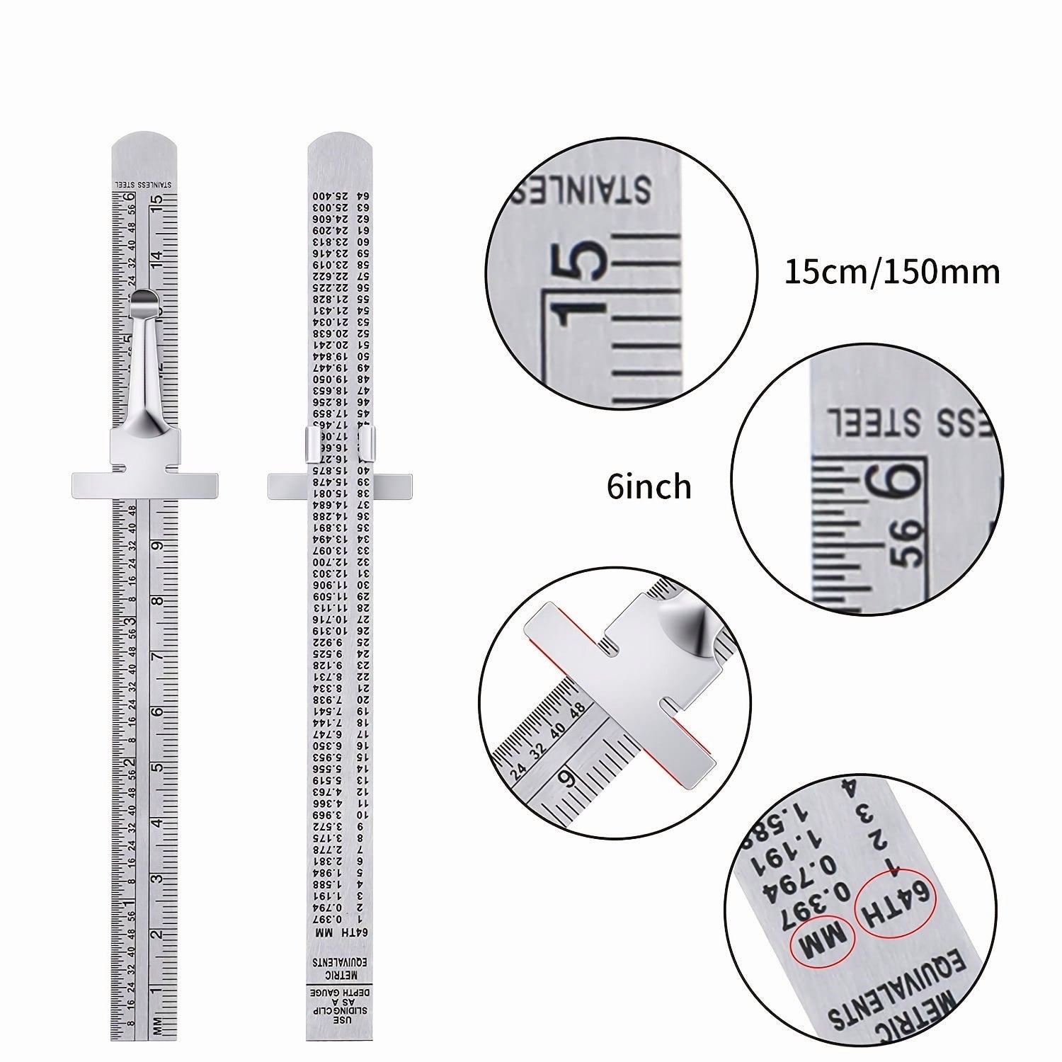 6 Inch/15 Cm Stainless Steel Retractable Clip Ruler with Metric & Imperial