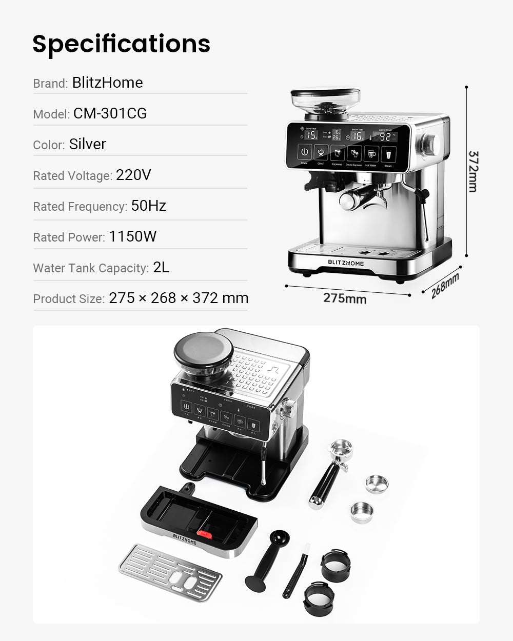 Espresso Coffee Machine 20Bar 1150W with Built-in Conical Burr Grinder PID & NTC 51mm Portafilter Manual Steam Wand