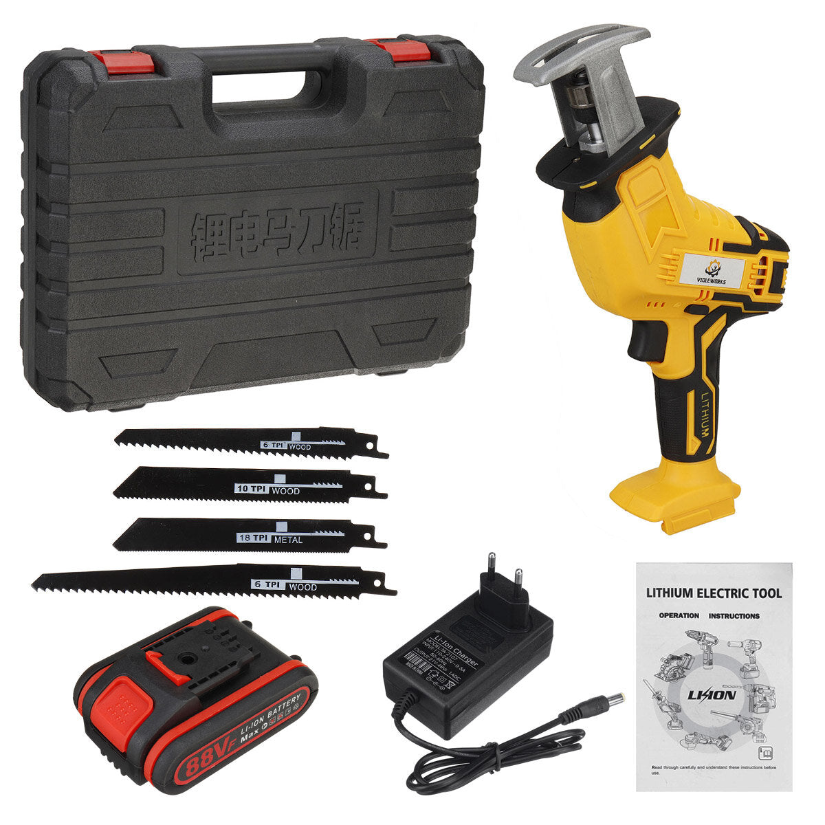 88VF 10mm Cordless Electric Reciprocating Saw w/ 4 Blades Electric Wood Cutting Recip Prunning