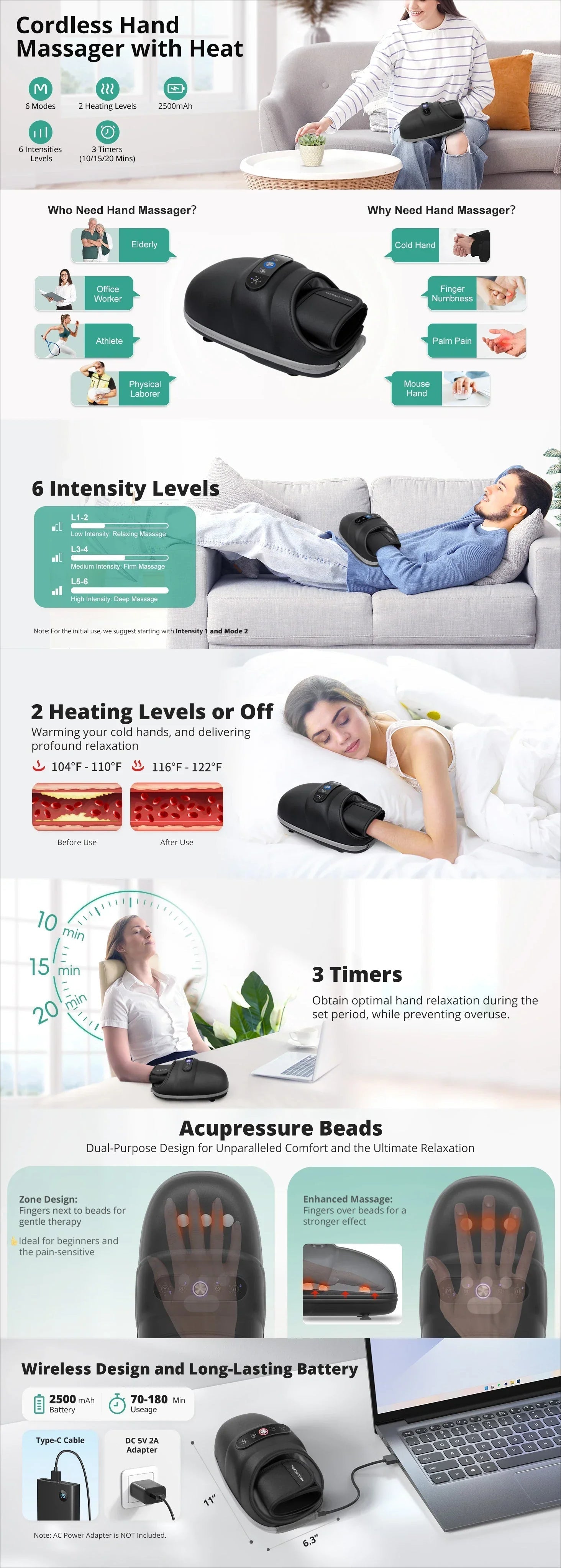 Wireless Electric Hand Massager with Air Compression, Heat Therapy, and Customizable Modes for Muscle Relaxation