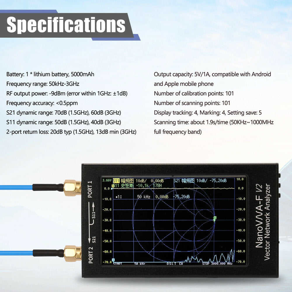 50kHz-3GHz IPS 4.3Inch LCD Display Vector Network Analyzer S-A-A-2 Antenna Analyzer Short Wave HF VHF UHF