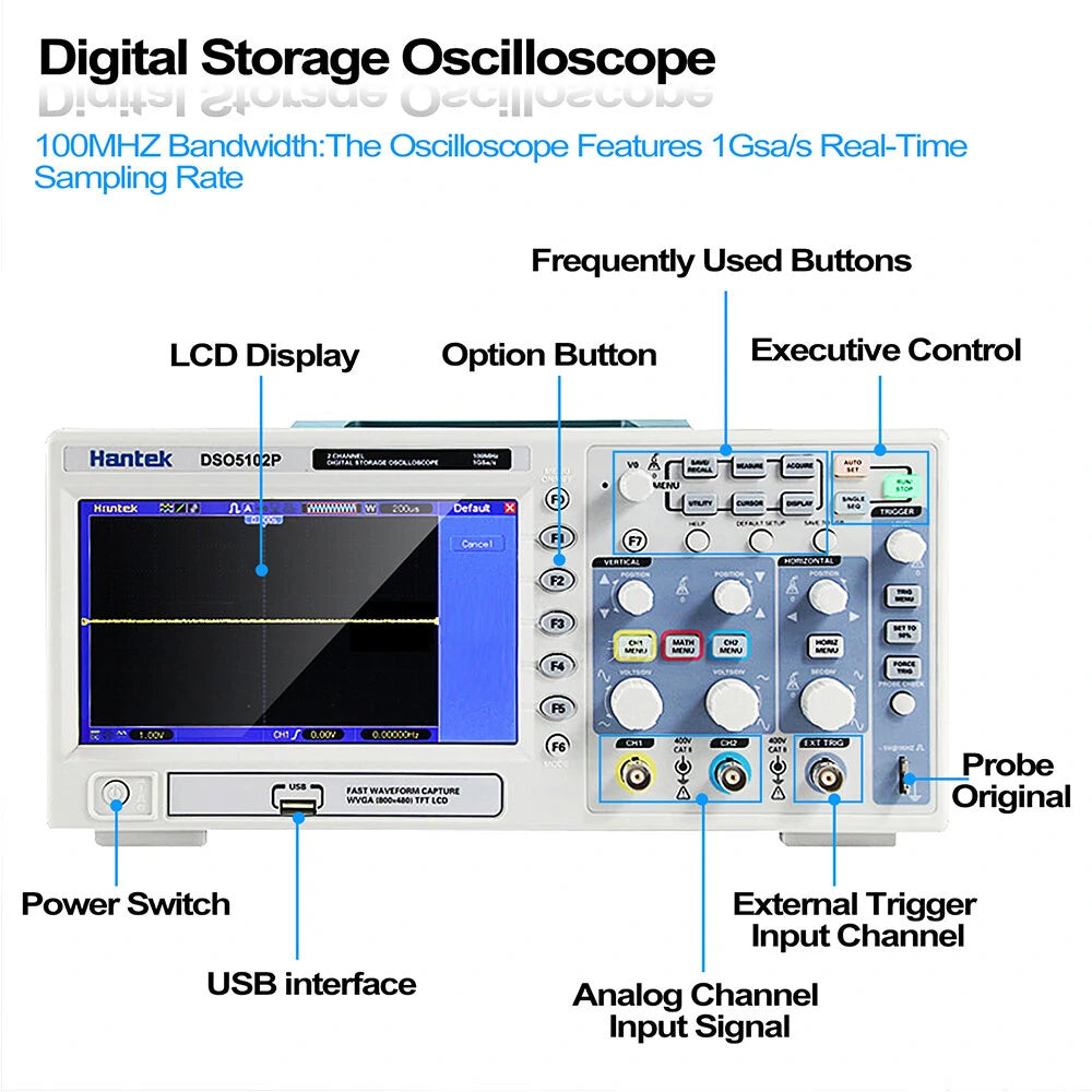 USB Digital Storage Oscilloscope 2Channels 100MHz 1GSa/s