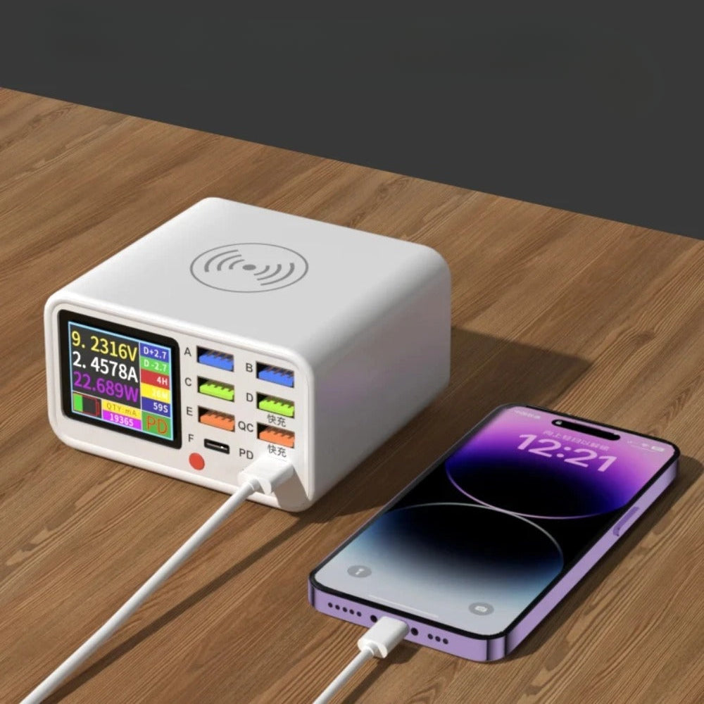65W Dual C Ports Fast Charger with Wireless Charging, Intelligent Charging, Display Screen & Multiple Ports for Devices