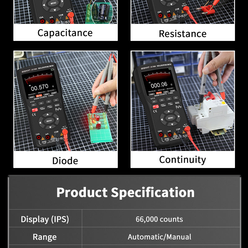 Handheld Oscilloscope Multimeter 3-In-1 Dual Channel 50MHz 280MSa/s 66000 Counts Signal Generator IPS Display