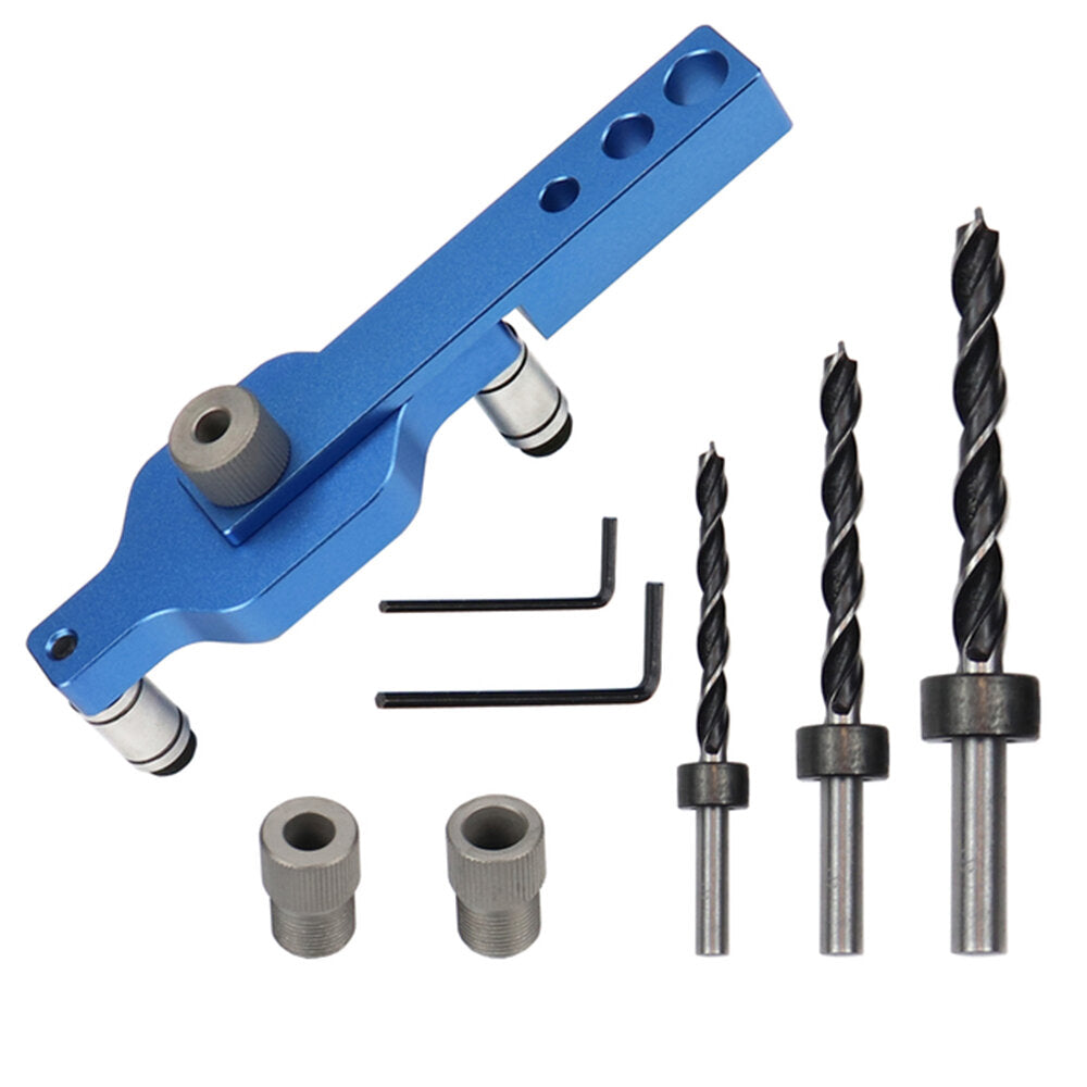Aluminum Alloy Drill Guide Jig Set for Dowel Drilling with 6mm, 8mm, 10mm Bushings - Corrosion Resistant, Blue
