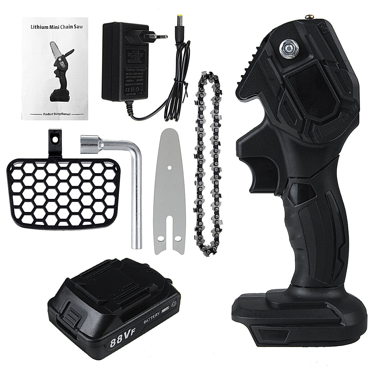 21V Electric Cordless Chain Saw One-Hand Saw Woodworking Tool W/ 2pcs Battery