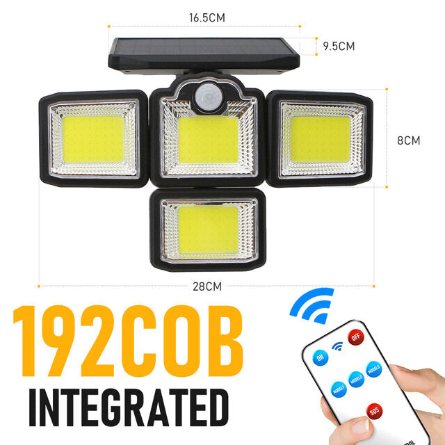 192/198 LED COB Outdoor Solar Lights 4 Head Motion Sensor 270 Wide Angle Lighting Waterproof Remote Control Solar Garden Wall Lamp