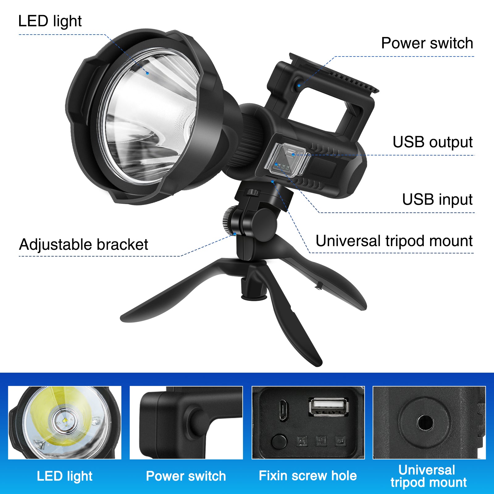 Rechargeable P70 Spotlight Flashlight High Lumens Super Bright Led Searchlight 4 Modes IPX5 Waterproof Work Lights for Hiking