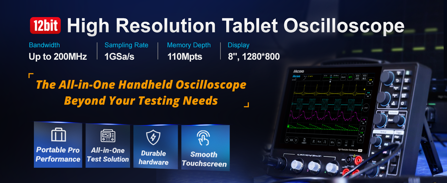 High Resolution Tablet Oscilloscope 12-bit 4 Channel 1GSa Sampling Rate Up to 200MHz Bandwidth Portable Touchscreen