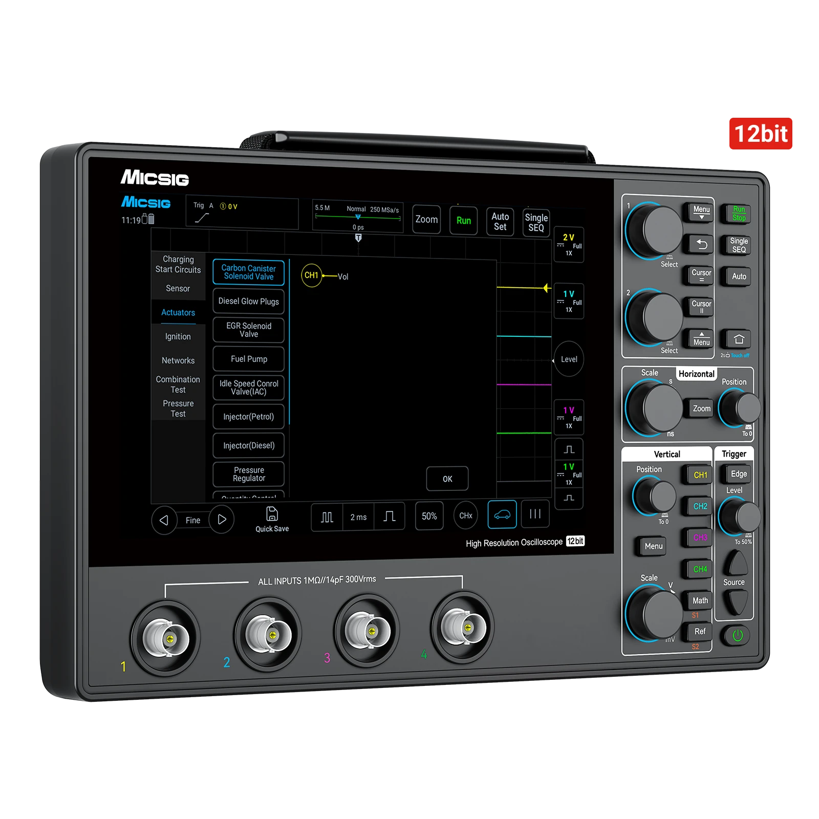 Automotive Digital Oscilloscope, 100MHz, 4 Channels, 1GSa/s, 12-Bit Resolution, 110Mpts Memory & 8-Inch Touchscreen