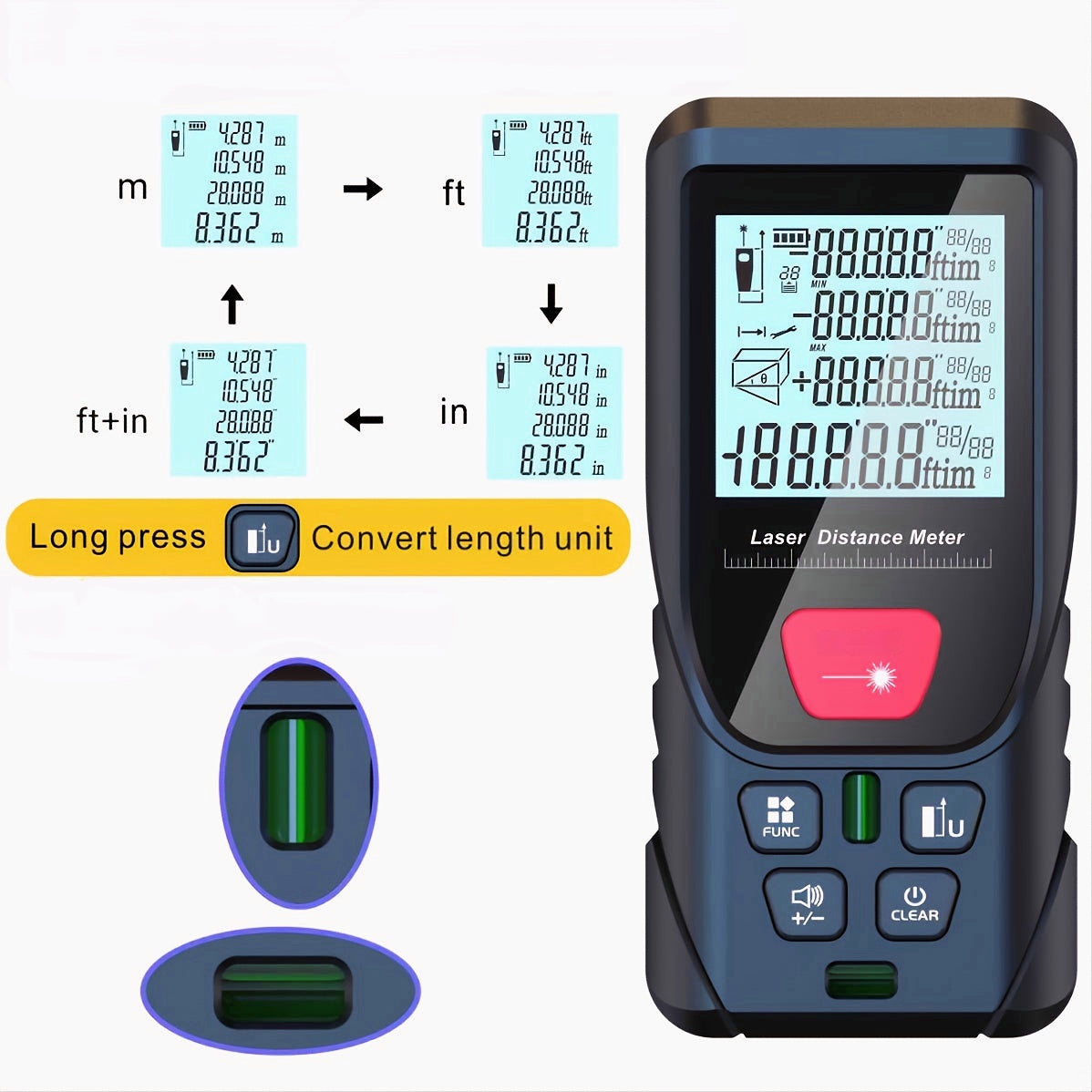 164ft Digital Laser Distance Meter with LCD for Measure Area and Volume