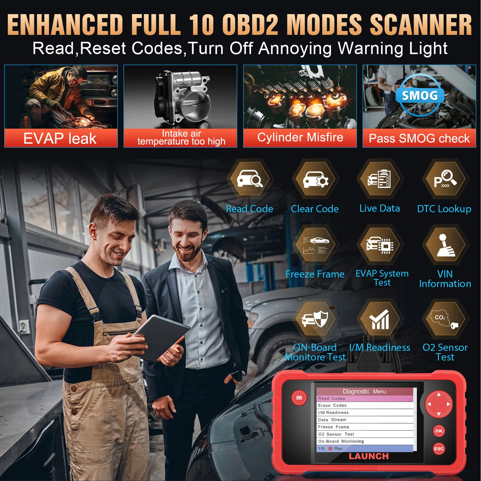 Launch CRP123 V2.0 Plus OBD2 Car Diagnostic Tool All Systems Scan Full 10 OBD2 Modes Auto VIN Lifetime Free Update Multi-Language
