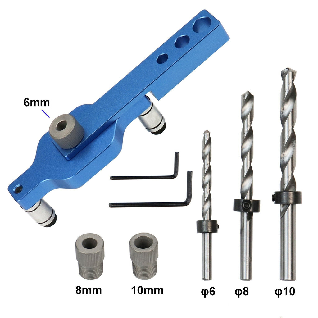 Aluminum Alloy Drill Guide Jig Set for Dowel Drilling with 6mm, 8mm, 10mm Bushings - Corrosion Resistant, Blue