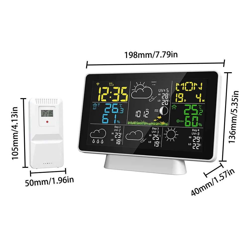 Wifi Wireless Weather Station Alarm Clock With 7.5 Inch Display / Atomic Clock / Weather Forecast / Outdoor Thermometer / Air Pressure / Moon Phase