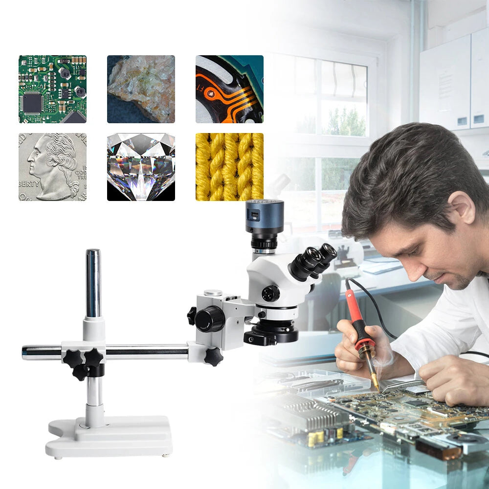 3.5X-200X Magnification Simul-Focal Trinocular Stereo Microscope 4K HDM Camera 144 LED Ring Light Metal Boom Stand Precision Imaging