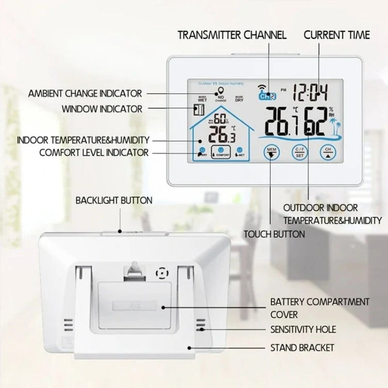 Wireless Weather Station Alarm Clock Touch Screen In/Outdoor Thermometer Hygrometer Forecast Calendar Comfort Indicator Wireless Remote Sensor