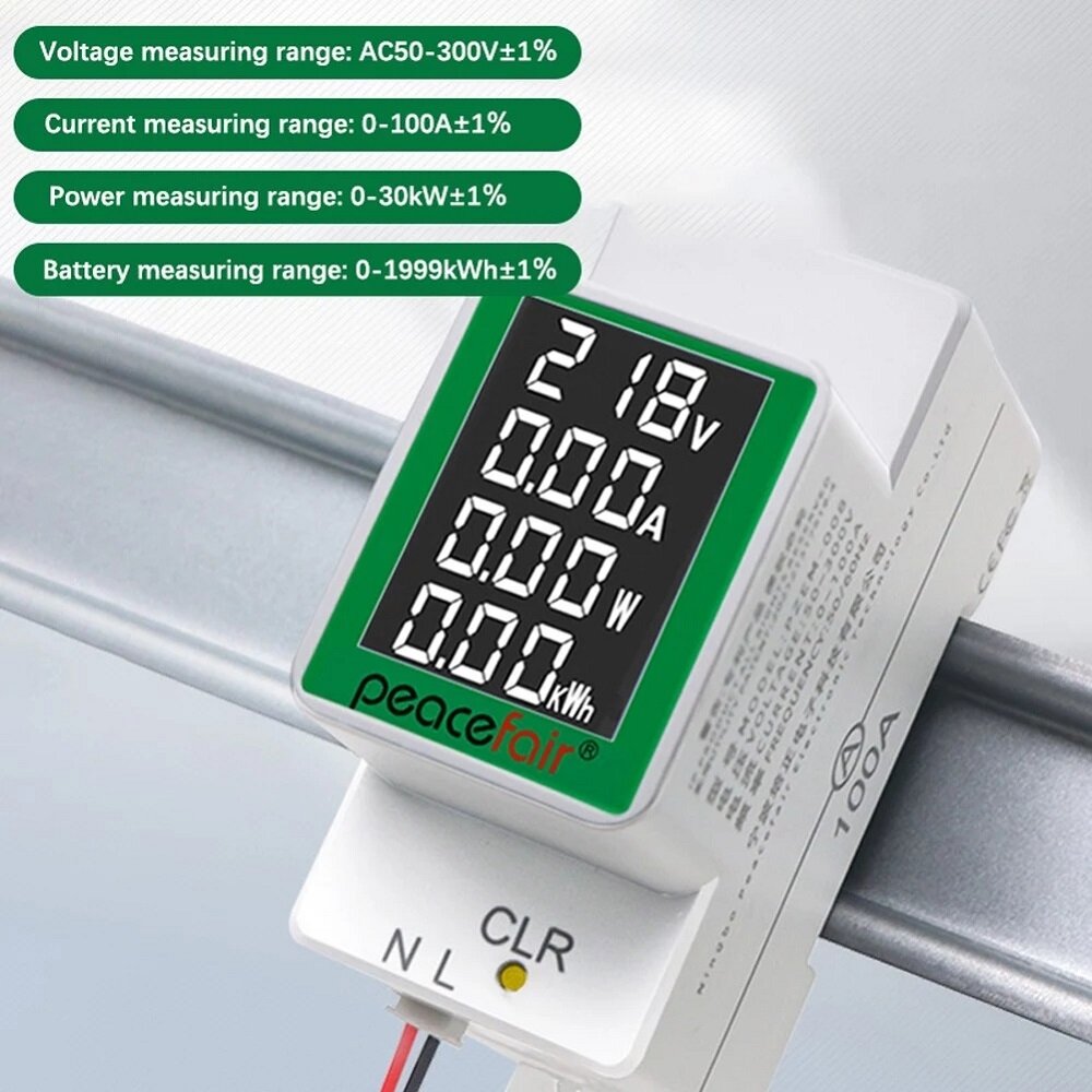 Peacefair PZEM-008 AC50-300V/100A LCD Screen Digital Display Multifunctional Guide Rail Table Voltage Tester Ammeter Voltmeter with Backlight