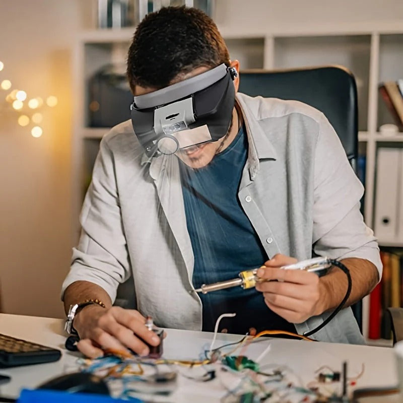 Head-mounted Magnifier With LED Light Interchangeable Mounts And Headband